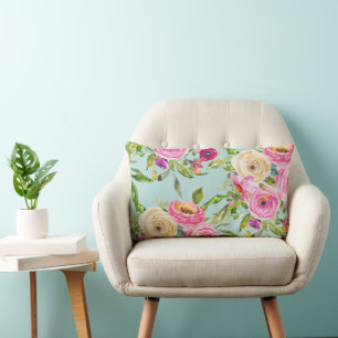 Watercolor Roses in Pink and Cream on Yellow Lumbar Pillow