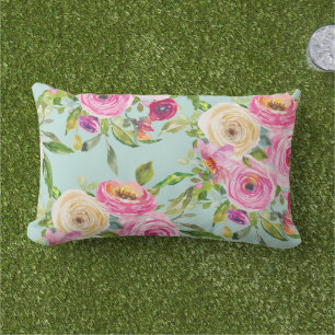 Watercolor Roses in Pink and Cream on Yellow Lumbar Pillow
