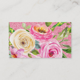 Watercolor Roses in Pink and Cream Pink Glitter Business Card