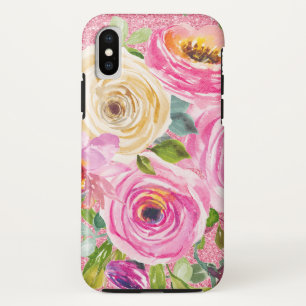 Watercolor Roses in Pink and Cream Pink Glitter iPhone XS Case