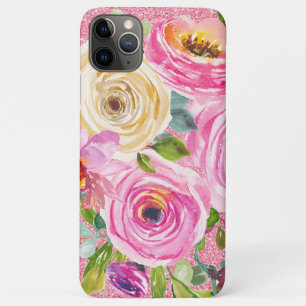 Watercolor Roses in Pink and Cream Pink Glitter iPhone 11 Pro Max Case