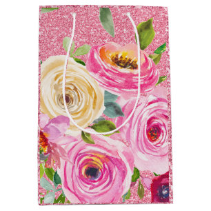 Watercolor Roses in Pink and Cream Pink Glitter Medium Gift Bag