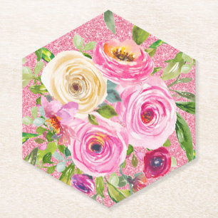 Watercolor Roses in Pink and Cream Pink Glitter Paper Coaster