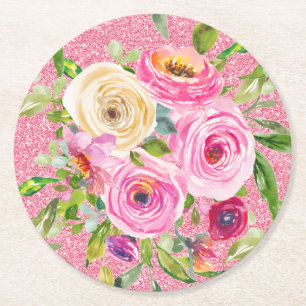 Watercolor Roses in Pink and Cream Pink Glitter Round Paper Coaster