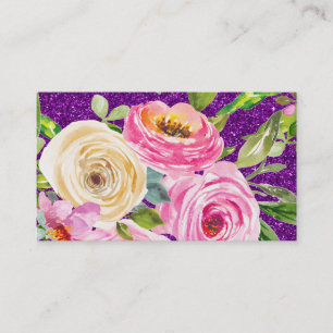 Watercolor Roses in Pink and Cream Purple Glitter Business Card