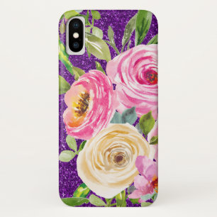 Watercolor Roses in Pink and Cream Purple Glitter Case-Mate iPhone Case