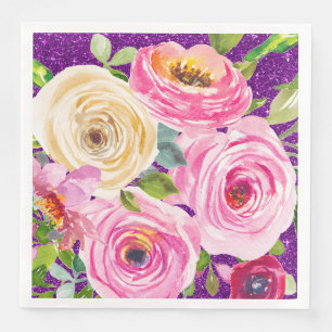 Watercolor Roses in Pink and Cream Purple Glitter Napkin