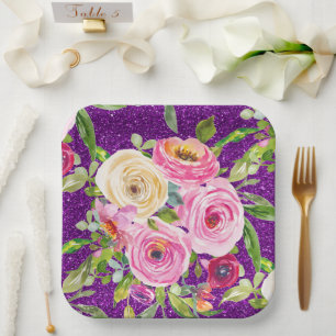 Watercolor Roses in Pink and Cream Purple Glitter Paper Plate