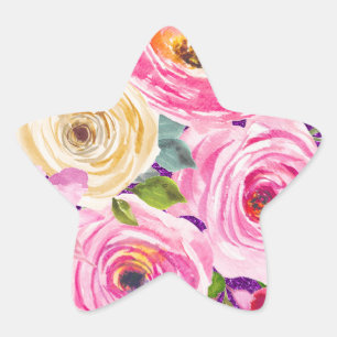 Watercolor Roses in Pink and Cream Purple Glitter Star Sticker