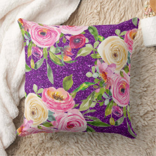 Watercolor Roses in Pink and Cream Purple Glitter Throw Pillow