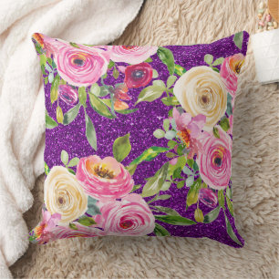 Watercolor Roses in Pink and Cream Purple Glitter Throw Pillow