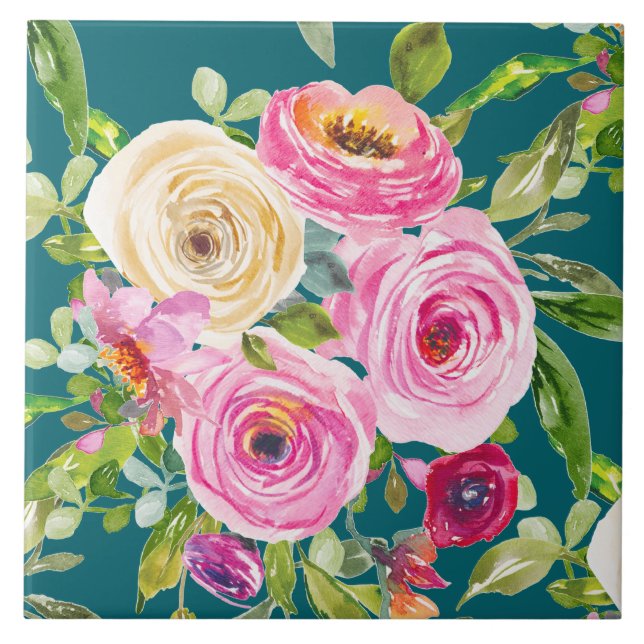 Watercolor Roses in Pink and Red on Teal Tile (Front)