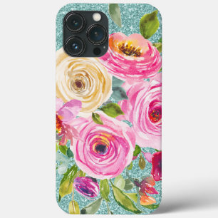 Watercolor Roses in Pink Cream Aqua Glitter    iPhone 13 Pro Max Case