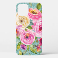 Watercolor Roses in Pink Cream Aqua Glitter     