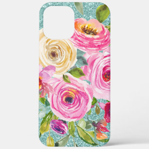 Watercolor Roses in Pink Cream Aqua Glitter       iPhone 12 Pro Max Case