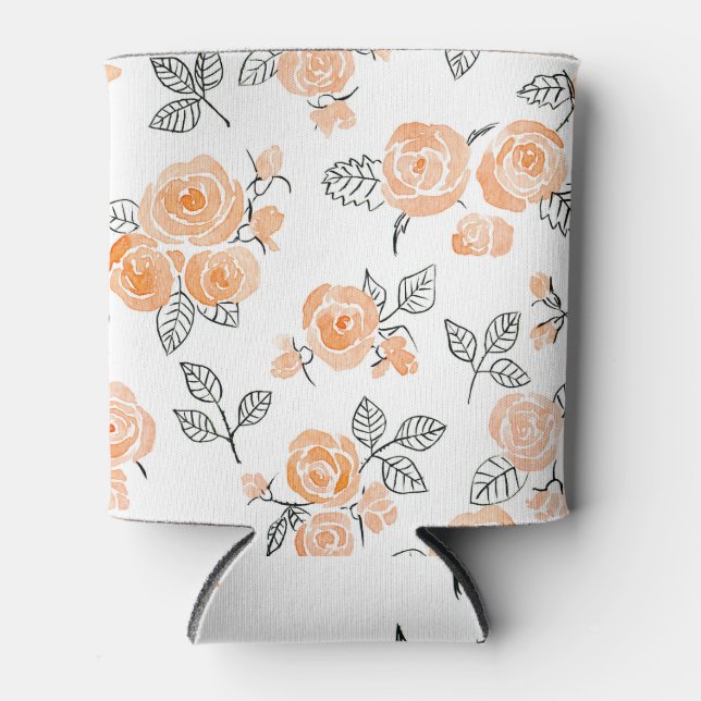 Watercolor Roses: Ink White Background Can Cooler (Front)