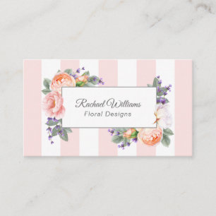 Watercolor Roses, Lavender and Pink Stripes Business Card