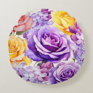 Watercolor Roses & Lilac Flowers Round Pillow
