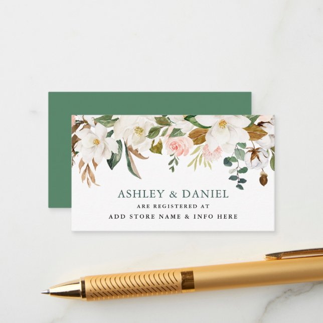 Watercolor Roses Magnolias Wedding Registry Insert (Front/Back In Situ)