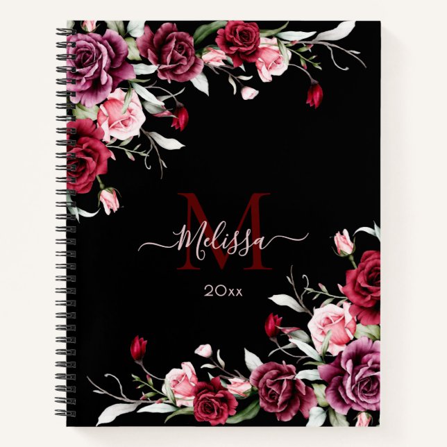 Watercolor Roses Monogram Black Notebook (Front)