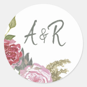 Watercolor Roses Monogram Floral Classic Round Sticker