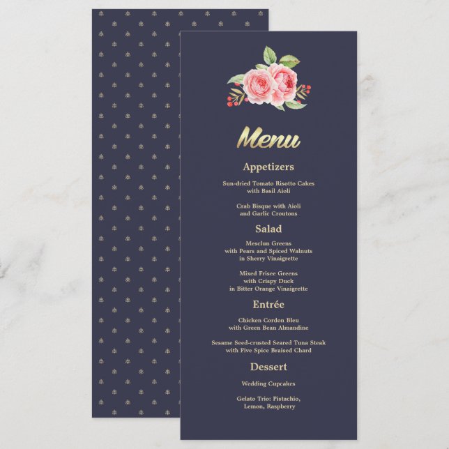 Watercolor Roses | Navy Blue Wedding Menu Card (Front/Back)