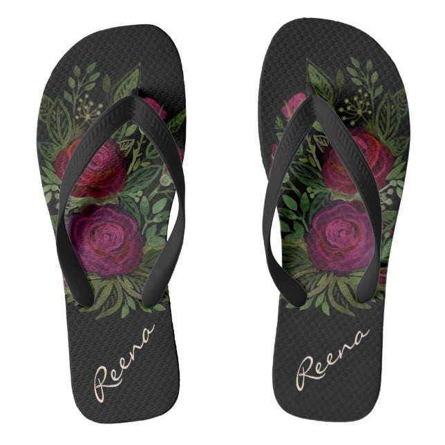 Watercolor roses, on a black background, watercolo flip flops (Footbed)