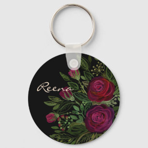 Watercolor roses, on a black background, watercolo keychain