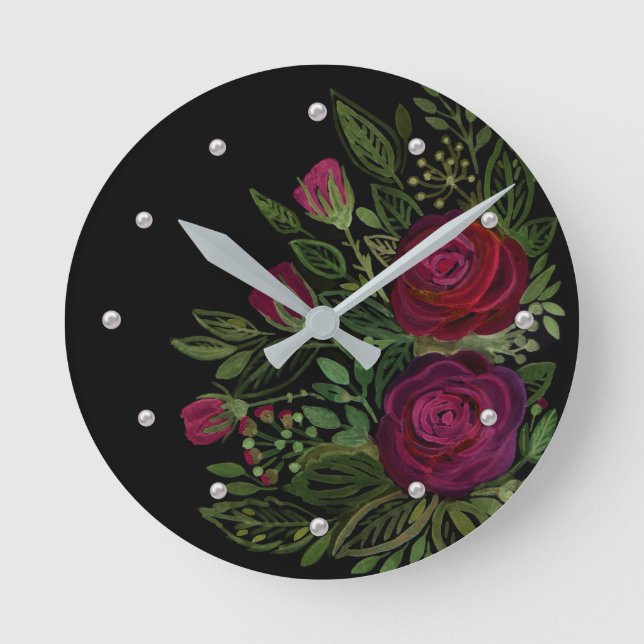 Watercolor roses, on a black background, watercolo round clock (Front)