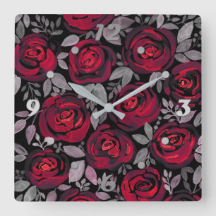 Watercolor roses on a black background, watercolo square wall clock