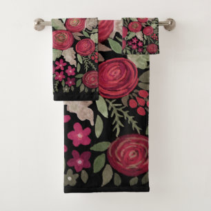Watercolor roses on a black background, watercolor bath towel set