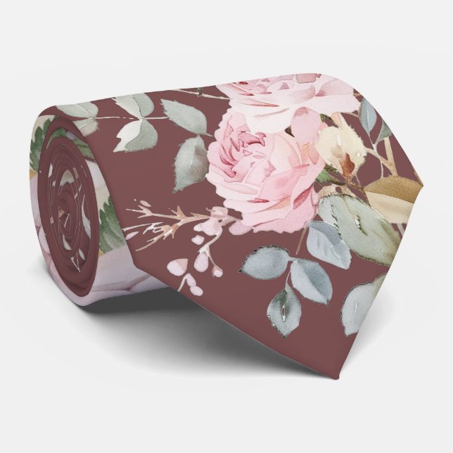 Watercolor roses on burgundy neck tie (Rolled)