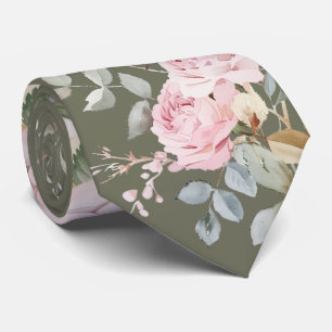 Watercolor roses on olive green neck tie
