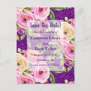 Watercolor Roses on Purple Glitter Save the Date Postcard