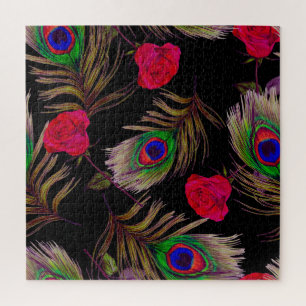 Watercolor roses, peacock feathers, decorative. jigsaw puzzle