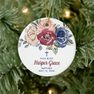 Watercolor Roses Personalized Girl's Baptism Ceramic Ornament