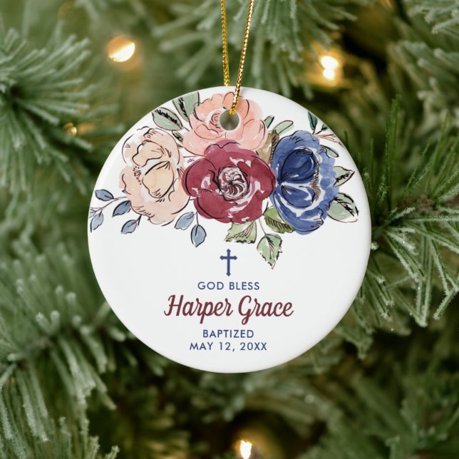 Watercolor Roses Personalized Girl's Baptism Ceramic Ornament (Tree)