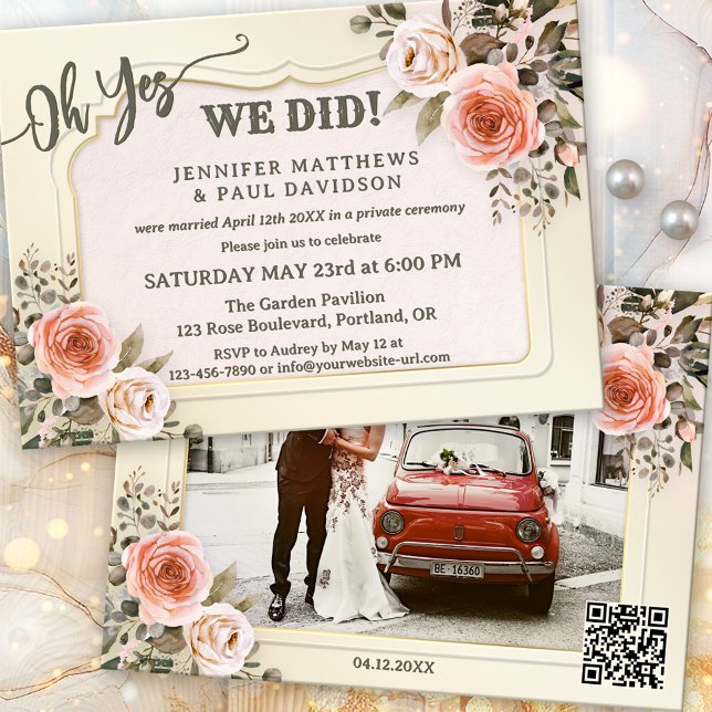 Watercolor Roses Photo After Wedding Invitation (Boho chic after wedding party invitation featuring blush pink watercolor roses and your photo + QR)