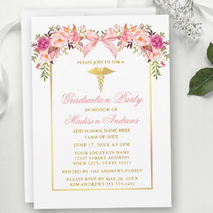 Watercolor Roses Pink Bow Medical Grad Party Invitation