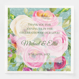 Watercolor Roses Pink Cream Aqua Glitter Wedding Napkin