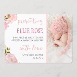 Watercolor Roses Pink Photo Birth Announcements