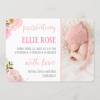 Watercolor Roses Pink Photo Birth Announcements