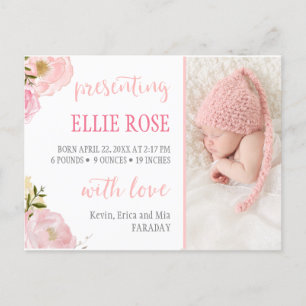 Watercolor Roses Pink Photo Birth Announcements