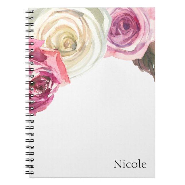 Watercolor Roses Pink & White Chic Floral Glam Notebook (Front)