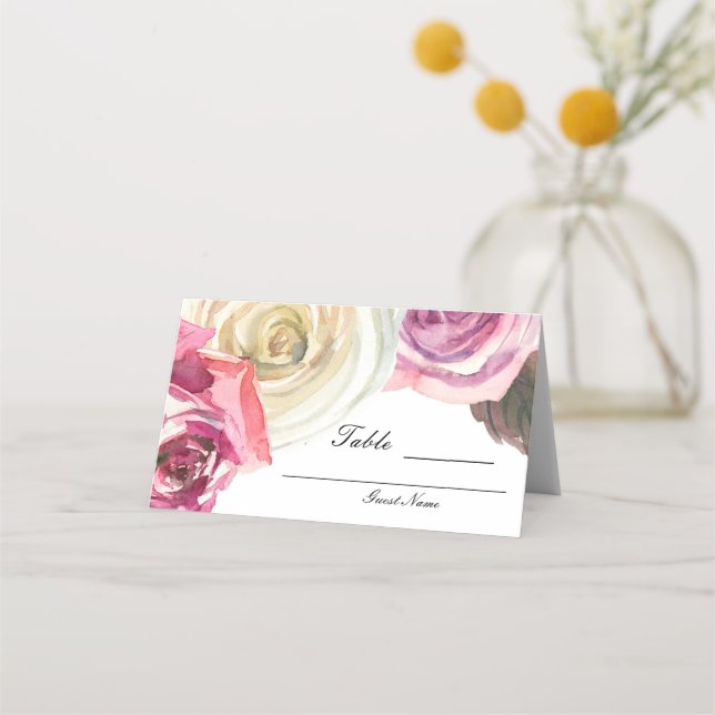 Watercolor Roses Pink & White Chic Wedding Table Place Card (Back)