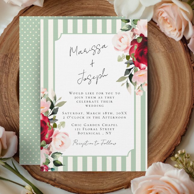 Watercolor Roses Preppy Chic Spring Summer Wedding Invitation (Modern Chic Garden Floral Wedding Invitation)