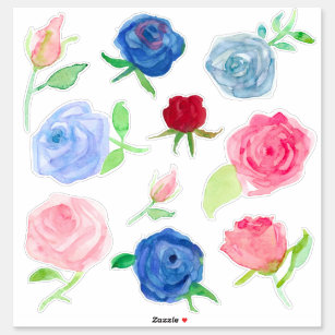 Watercolor Roses Red Blue Pink Grey