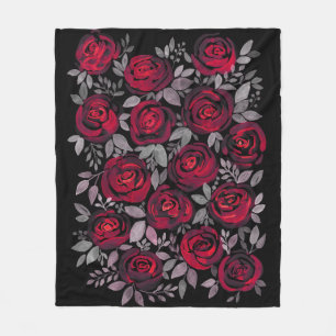 Watercolor roses, red roses on black fleece blanket