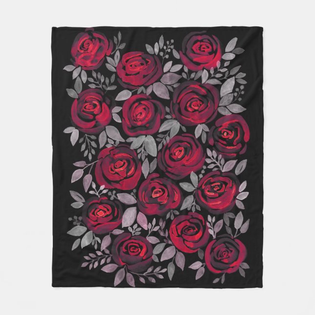 Watercolor roses, red roses on black fleece blanket (Front)