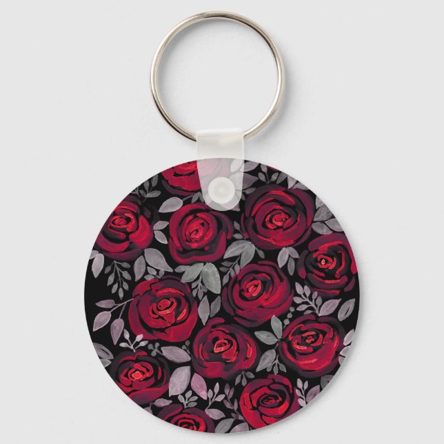 Watercolor roses, red roses on black keychain (Front)